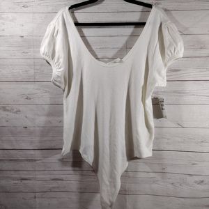 BP Off White Puffed Sleeve Keyhole Back Ribbed Bodysuit